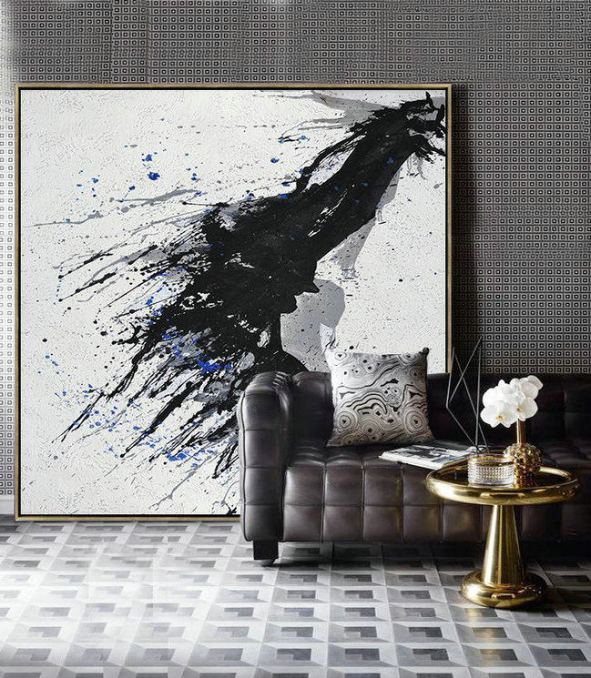 Handmade Large Contemporary Art,Minimalist Drip Painting On Canvas, Black, White, Grey, Blue - Modern Art Abstract Painting